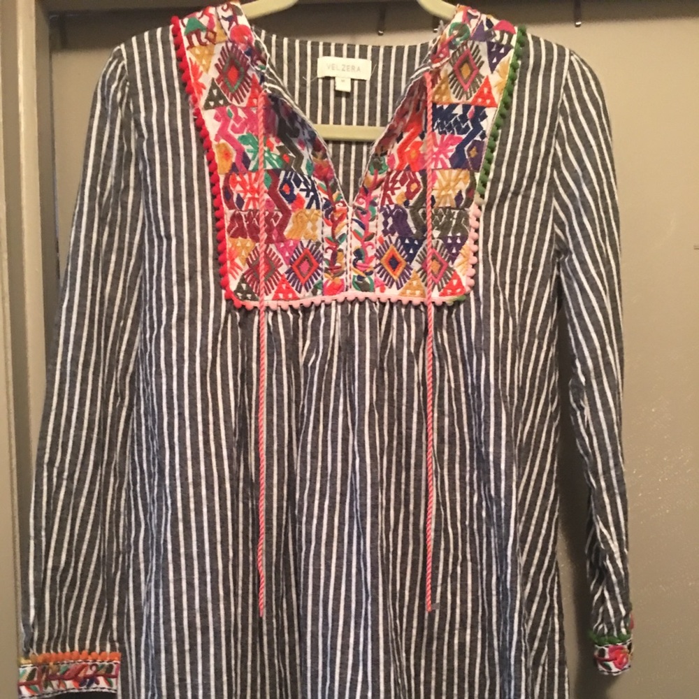 Unique striped boho blouse with flowered trim!